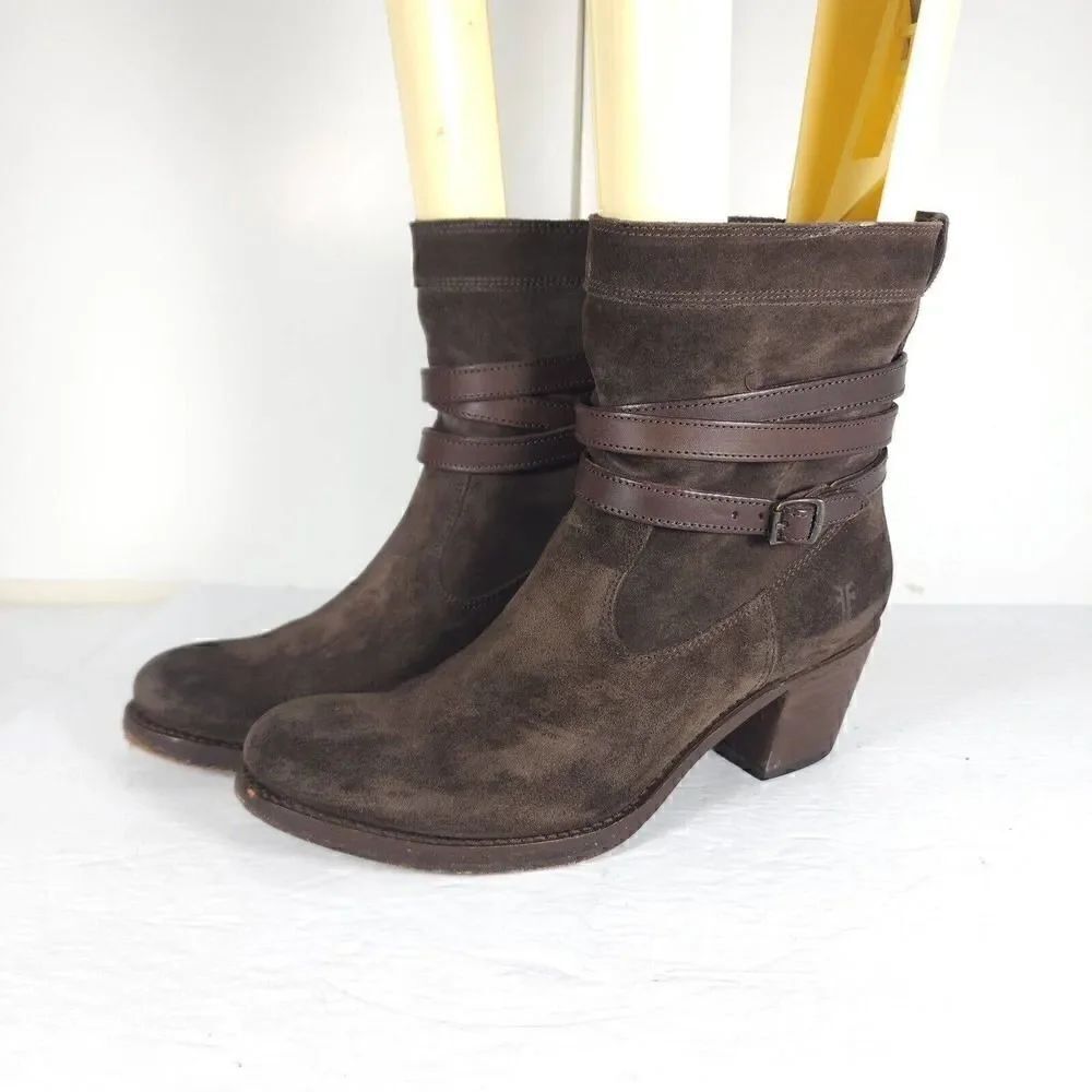 Frye Women's Jane US 8,5B B Strappy Belted Oiled Suede Short Boot Ankle Bootie